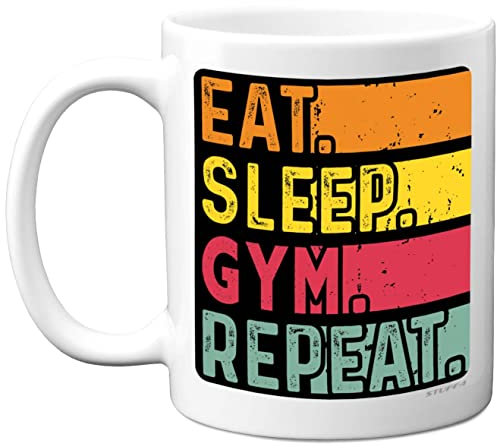Birthday Mug Gifts for Men Women Him Her - Eat, Sleep, Gym, Repeat - Funny Happy Birthday Present Gift for Workout Fitness Lovers, 11oz Ceramic Dishwasher Safe Premium Mugs