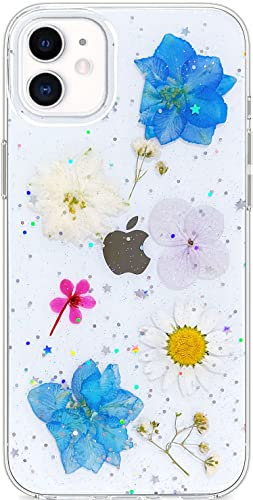 Abbery Clear Silicone TPU Case for iPhone 11 Phone Cover | with Blue White Floral Design, Cute, Glitter&Sparkle, Soft, Dried Real Pressed Flowers, Daisy, Aesthetic, Protective, Women Girls