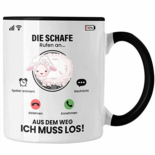 Trendation - Die Schafe Rufen An Tasse Geschenk für Schafe Züchter Besitzer Geschenkidee Lustig Spruch Schafhirte (Schwarz)