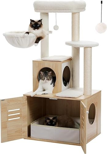 MUTTROS Cat Tree with Cat Litter Box Included-Modern Cat Tower with Litter Box Enclosure Furniture, 50 Wood Cat Condo with Large Hammock Top Perch for Large/Fat CTAS