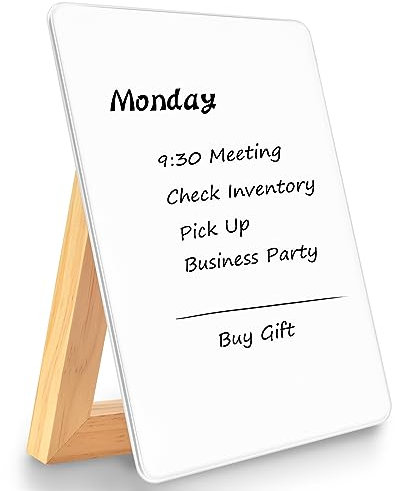 TORASO Whiteboard aus Glas, trocken abwischbar, faltbarer Holzständer, 17,8 x 24,1 cm, kleines und schickes Whiteboard, Schreibtisch-Notizblock für Büro, Zuhause, Schule (Standglas, WH)
