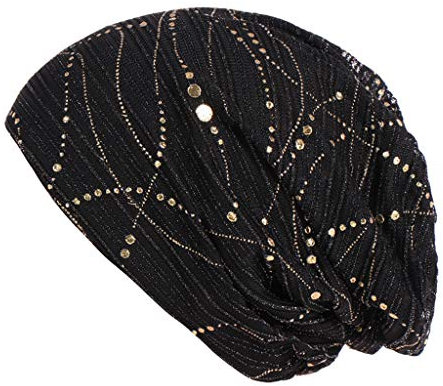 Chemo Mützen Damen Slouchy Beanie Hut mit Stern Nietene und Strass Wendemütze Strickmütze Unisex Verstellbar für Damen & Herren Schwarz