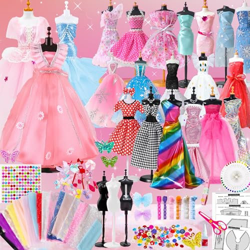 WSNDM 400+ Stücke Modedesign Mädchen, DIY Kunst und Bastelset Nähsets Sketchbook Stoffschere, Fashion Design Basteln Nähset Set, mit 3 Mannequins, Lernspielzeug, für Mädchen Kinder 8 9 10 11 12 Jahre