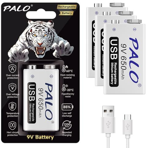 Mspalocell 9V lithium battery 650mAh, pack of 4 tiger print quick charging 1500+ cycle Rechargeable with USB micro cable & charging indicator, low self-discharge 9V battery