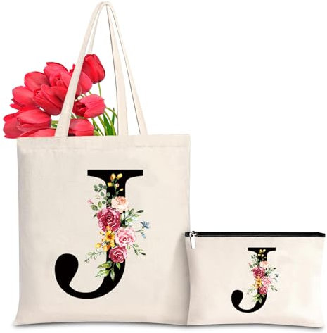 Baumwolltasche personalisiert mit Namen, Frauen Initialen Leinwand Geschenk Tragetasche und Kosmetiktasche für Damen Freundin Mama Schwestern Ehefrau Geburtstag, Valentinstag, Muttertag Tasche(J)