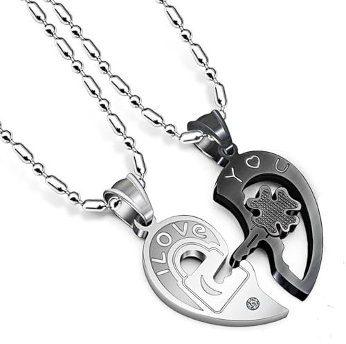 BUKYCAT Puzzle Herz Pärchen Kette mit Gravur I love you, Edelstahl Pärchen Herz Puzzle Halskette, Freundschaftskette, Halbes Herz Anhänger Halskette für Paare,Damen,Herren,Freund (Silber und Schwarz)