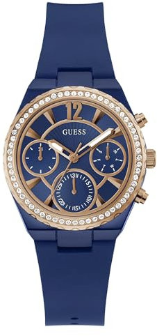 GUESS Damenuhr, 36 mm, blaues Armband, blaues Zifferblatt, zweifarbiges Gehäuse, Blau