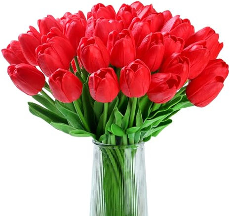 AWARDSEN Rote Tulpen, künstliche Blumen, künstliche Seidentulpen, fühlen sich echt an, für Frühling, Küche, Hochzeit, Heimdekoration, Arrangements, Osterdekoration, 35,6 cm, 20 Stück