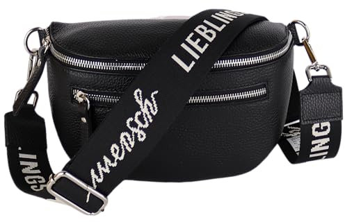 MIRROSI® Damen Bauchtasche Umhängetasche 27x14,5x8cm Damen, Made in Italy, aus Echtleder Tasche Echtes Leder, Brusttasche, Crossbody Bag,Bohemian Style (1 Tasche 2 Gurte) (Schwarz Liebling)