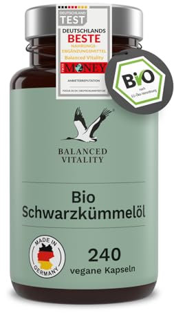 Bio-Schwarzkümmelöl Kapseln - 1000 mg 20:1 hochdosiert je Tagesdosis - Kaltgepresst - 240 vegane Kapseln für 4 Monate - Nigella Sativa - ohne Zusatzstoffe - laborgeprüft - Balanced Vitality