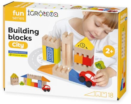 Igroteco® Bausteine Stadt – 18 Teile aus natürlichem Holz, zertifizierte Farben, langlebig und sicher, fördert Kreativität und Lernspaß – Geschenk für Kinder ab 2 Jahren