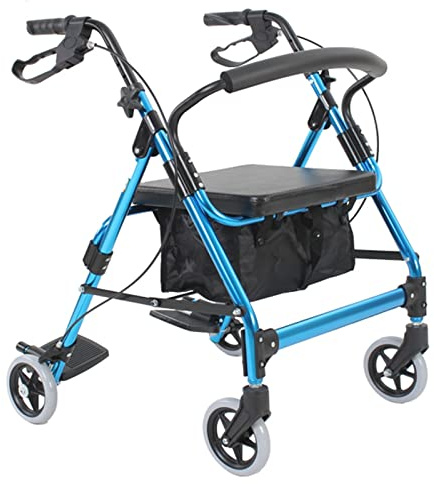 Außengehhilfe mit Sitz und Bremsen, zusammenklappbar, blauer Gehwagen für Senioren mit Fußpolstern und Aufbewahrungstaschen, höhenverstellbar, Gehhilfe, Wagen, Dekoration