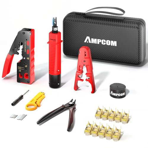AMPCOM Kit d'outils de sertissage Ethernet 8 en 1 pour connecteurs RJ45/RJ11, STP Cat7/6A, UTP Cat6/5E/5 RJ45, comprend 110 outils de poinçonnage et une pince à dénuder dans un sac étanche portable