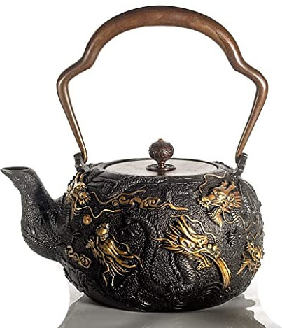 CAFIEDR Moderne Teekanne aus Gusseisen, Tetsubin-Teekessel im japanischen Stil, 1,3 l, Gusseisen-Teekessel zum Warmhalten von Tee, vergoldetes Neun-Drachen-Muster, hochwertiger Gusseisen-Wasserkessel