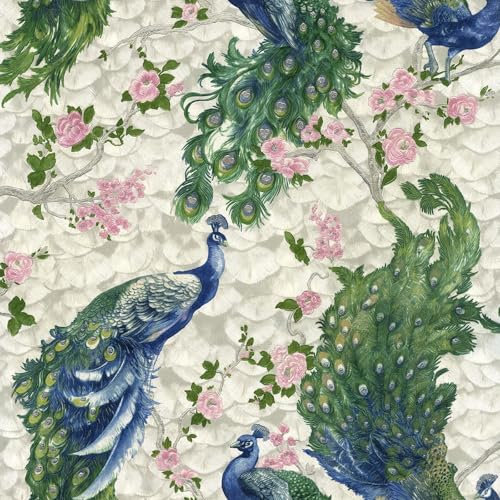 Hera Peacock Bird Colourful Animal and Blossoms Tropical Leaf Design Textured Vinyl Wallpaper Perfect for Hallways, Living Rooms, Toilets and Feature Walls Blue, Green, Pink Limetree LT7708)