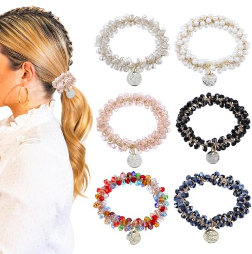 Haargummis 6 Stück Perlen Haargummi Haargummi mit Perlen Elastischer,Elastische Haargummi Damen,Beaded Hair Ties,Haargummi Perlen,Scrunchies Haargummi Elastisch Dehnbar Haarschmuck für Damen