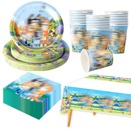 81 Pcs Blue Dog Party Supplies - Tableware Set with Plates, Cups, Napkins, Table Cloth, Banner for 20 Guests - Boys & Girls Children's Birthday Decorations
