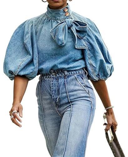 Women's Summer Denim Blouse Bow Denim Pullover Top Mock Neck Puff Half Sleeve Tie Knot Button Shirts Tops(Light Blue,Medium)