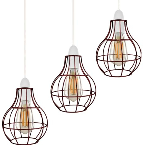 3 Pack of Metal Wire Cage Ceiling Light Shade Easy Fit Lamp Shade, Ceiling Hanging Indoor Pendant Light Lampshade for Living Room, Bedroom, Restarurants (Rustic Red 3 Pack)