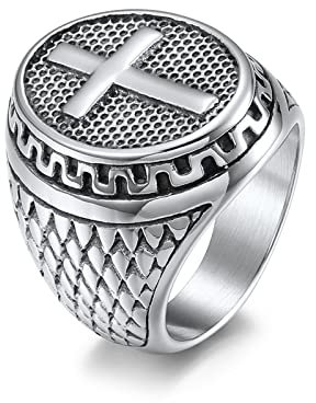 Herrenringe, Siegelring mit Kreuz für Herren, Vintage-Mode, Gothic-Kreuz-Ring aus Edelstahl, Schwarz, 9