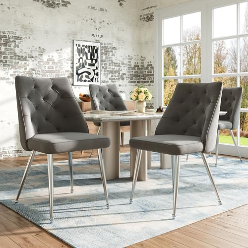 BLUON HOME Hochwertige Samt Stoff Esszimmerstühle (4 Stück), Galvanisiertes Silber Eisen Beine, Make-up Stuhl, Einzigartiges Design Leichte Luxus Stühle, Verstellbare Beine, Grau
