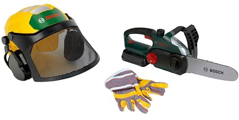 Theo Klein 8197 Bosch Waldarbeiter-Set Mit Kettensäge, Forsthelm & Handschuhen Realistisches Sägegeräusch und Blinklicht Offizielles Lizenz-Produkt Spielzeug für Kinder ab 3 Jahren