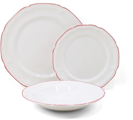 Brigros - Servizio Piatti 18 Pezzi In Ceramica Bianca Con Bordo Dipinto A Mano, Set Piatti 6 Persone In Porcellana Elegante E Moderna, Piatti Porcellana Bianchi Modello Grace (Rosso)