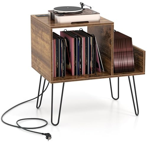 FANTASK Beistelltisch, Plattenspielerständer mit Steckdose, Nachttisch industriell mit Trennwänden & Seitenregal (Braun), 45T x 66B x 67H cm