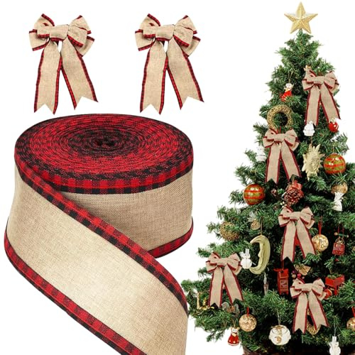 Forbabe Weihnachten Juteband mit Draht, 6,4CM Breit Geschenkband 10M Schleifenband zum Basteln Kariertes Sackleinen Dekoband mit Rot und Schwarz für Geschenkverpackung Weihnachtskränz Weihnachtsbaum