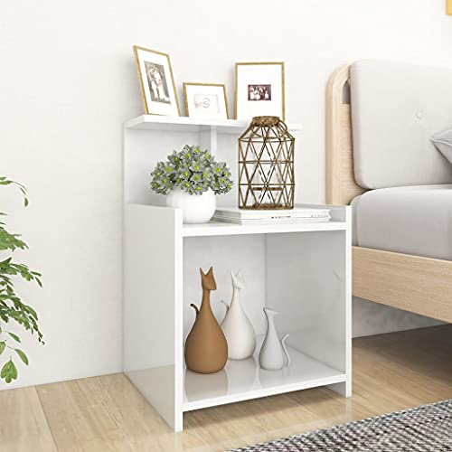 Moderner weißer Nachttisch, Hochglanz-Nachttisch mit 3 offenen Regalen, stilvoller Holztisch für Schlafzimmer, kompaktes 40 x 35 x 60 cm Design