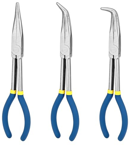 Lot de 3 pinces à bec long 280 mm - Courbées droites / 45° / 90° - Pour le pliage du fil, le moulage, la coupe, l'électricité, la mécanique de précision, l'atelier