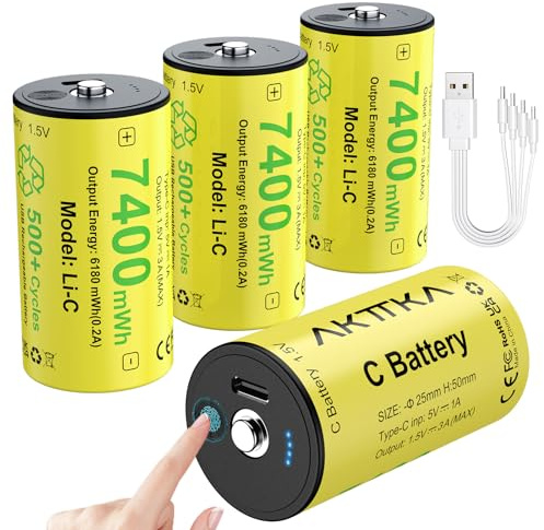 AKTTKA C Batterien 4er Wiederaufladbar 7400 mWh, 1,5V Li-Ion, Baby, LR14