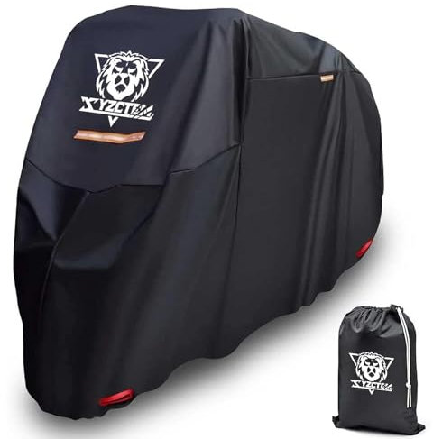 XYZCTEM Motorcycle Cover -Waterproof Outdoor Storage Bag,Made of Heavy Duty Material, Fits up to 116 Harley Davison and All Motors(Black& Lockholes& Professional Windproof Strap) (XXXL)