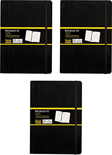 Idena 10054 - Notizbuch DIN A5, 192 Seiten, 80 g/m², blanko, schwarz (3er Pack)