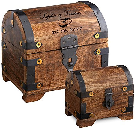 Casa Vivente Schatztruhe 2er-Set zur Hochzeit – Große Schatzkiste mit Gravur – Motiv Ringe – Personalisiert mit Namen und Datum – Kleines Schmuckkästchen – Dunkles Holz – Hochzeitsgeschenk