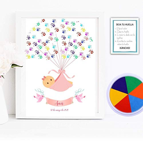 Didart Handmade Cuadro de huellas bautizo niña .Personalizado. Marco, tintas e instrucciones incluidas. Regalo Bautismo, Firmas de invitados, Recuerdo recién nacido. Natalicio, Modelo Saquito