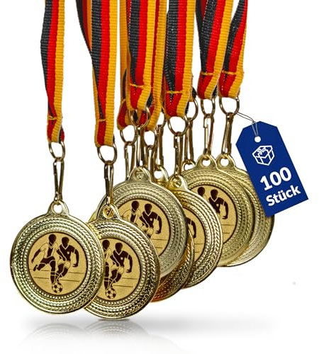 Pokal-Fabrik - Fußball-Medaillen 100 Stück Set Metall - Fussballmedaille golden zum Umhängen für Siegerehrungen - Medaillen Kinder mit Deutschlandband & Emblem für Vereine & Turniere