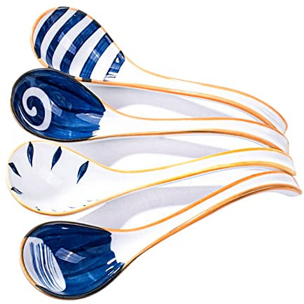 Asian Ceramic Soup Spoon Set of 4 Porcelain Long Handle Japanese Ramen Spoons for Pho Noodles Wonton Dumpling Rice