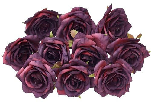 The Baked Studio - 10 Pieces Artificial Flower Silk Rose Head Realistic Flowers for DIY Wreath Craft Cake Living Room Home Wedding Accessories and Decoration (Wine Red)