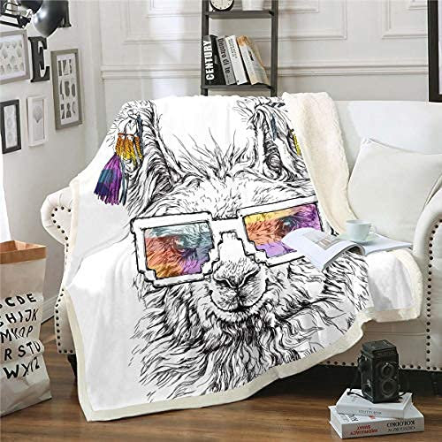 Homewish Alpaka Plüsch Bettdecke 150x200,Kinder Schöne Tier Sherpa Decke,Lustige Alpaka mit Brille Decke für Jungen Teens Erwachsene Skizze Illustration Fleece Überwurf Wohnheim Dekoration