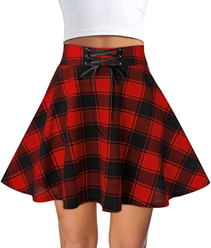 FEOYA Jupe Courte à Carreaux Femme Fille Jupe Ecossaise Taille Haute Gothique Jupes Tartan Évasée Plissée Harajuku Patineuse Tennis Kilt Mini Écolière College Basique Vintage Rétro à Lacets A Rouge M