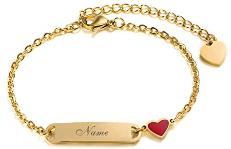 VNOX Bracelet Personnalisé Gravable pour Bébé, Enfant, Fille et Garçon - Pendentif Cœur avec Nom - Cadeau de Baptême - Or, 16cm