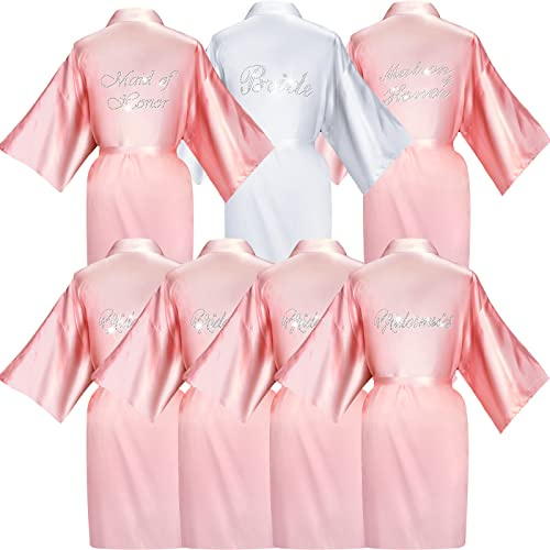 7 pezzi sposa raso vestaglia damigella d'onore abiti matrona d'onore veste damigella d'onore damigella d'onore veste abito da sposa kimono per doccia nuziale, bianco, rosa., taglia unica