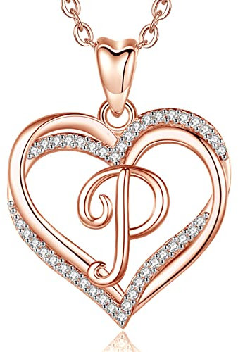 NFUSEU P Kette mit Buchstaben, Doubleherz Anhänger Rosegold A-Z Schmuck Cubic Zirkonia CZ 20 Zoll Kette niedliche Geschenke für Mädchen Frau Weiblich