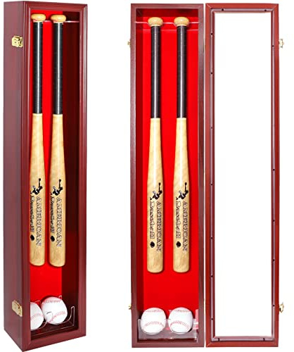 NRZSSN 2 Baseball Bat Display Case Wall Mount - Vertical/Horizontal Cherry Wood Frame w/ 98% UV Protection & Lock | Acrylic Door Shadow Box for 2 Bats