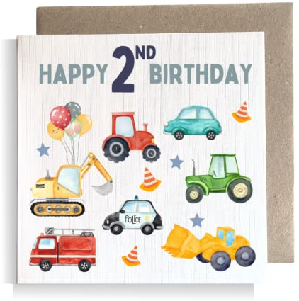 Second Ave 2. Geburtstagskarte für Kinder, Baby-Traktor, Auto, quadratisch, für Jungen oder Mädchen zum Geburtstag
