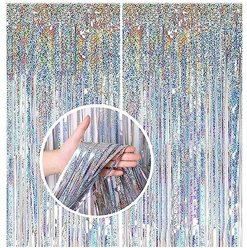 TAKUZA Lametta Vorhang Silber 2 Stück, Lametta Vorhänge Silber Glitzer 1m x 2,5m, Glitzervorhang Lametta Silber, Lametta Silber Lang Geeignet für Geburtstag Hochzeit Graduation Festliche Party Deko