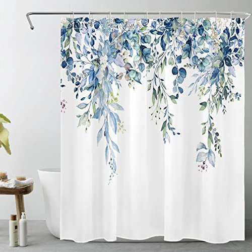 LB Blaues Blatt Duschvorhang 120x175cm Aquarell Eukalyptus Antischimmel Wasserdicht Badezimmer Vorhänge, Weiße Blüten in Blättern Extra Kurz Polyester Stoff Bad Vorhang mit Haken