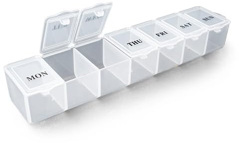 Pill Box Organiser - Pill Boxes 7 Day 1 Times a Day Weekly Medicine Storage Box | Daily Pill Organiser with Dosset Compartments (White)