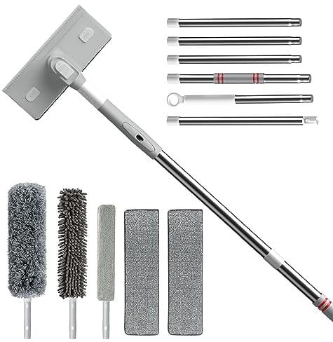 Window Cleaning Equipment, 4 in 1 Window Cleaning Kit with 95 Telescopic Window Cleaner Pole, Extendable Window Squeegee Cleaner Glass Cleaning Tools High Window Cleaning Brush for Indoor Outdoor